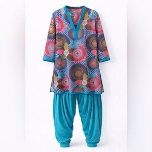 Women’s Teal Patiala Pants Set with Multicolor Printed Kurta